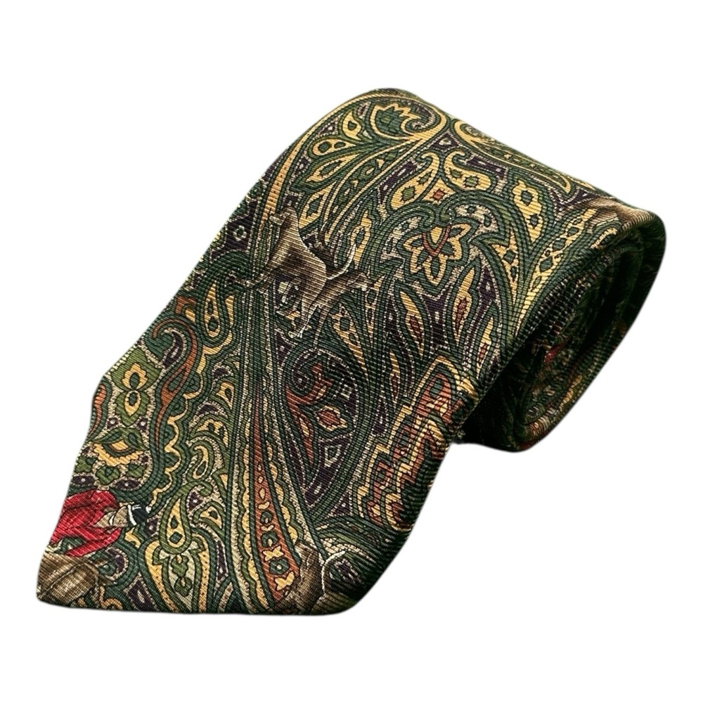 Polo Ralph Lauren Vtg Paisley Hunting Dog Men's Pure Silk Tie 4 Inch Width